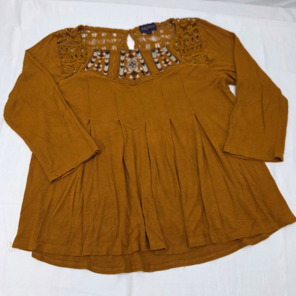 Artesia Womens Medium Boho Peasant Top Mustard Embroidered Crochet Lace